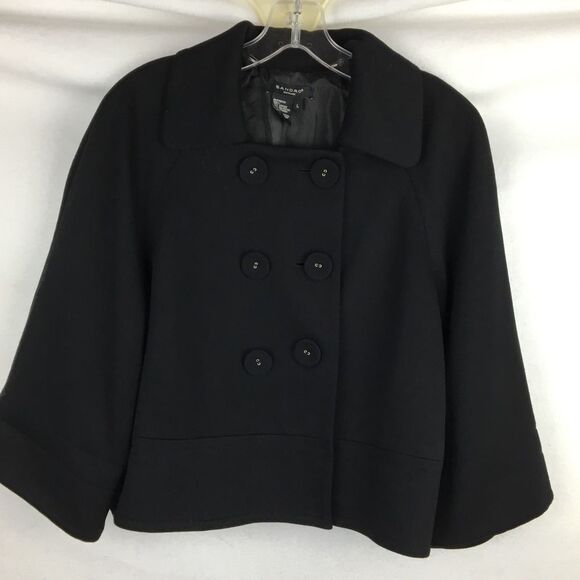 Sandro Black Double Breasted Button Up 3/4 Sleeve Length Pea Coat L - Picture 5 of 8